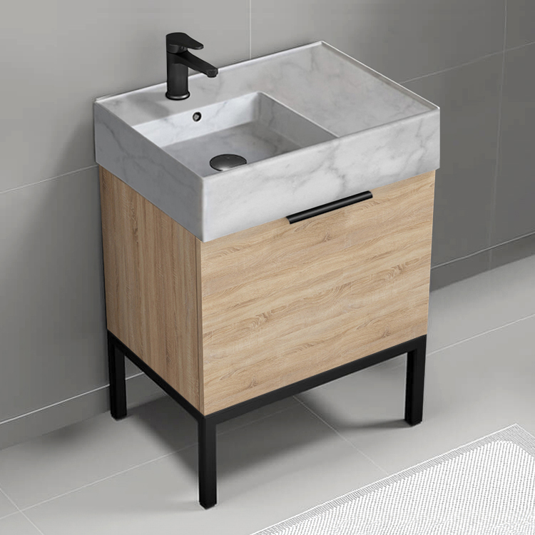 Nameeks DERIN777 Modern Bathroom Vanity With Marble Design Sink, Free Standing, 24 Inch, Brown Oak